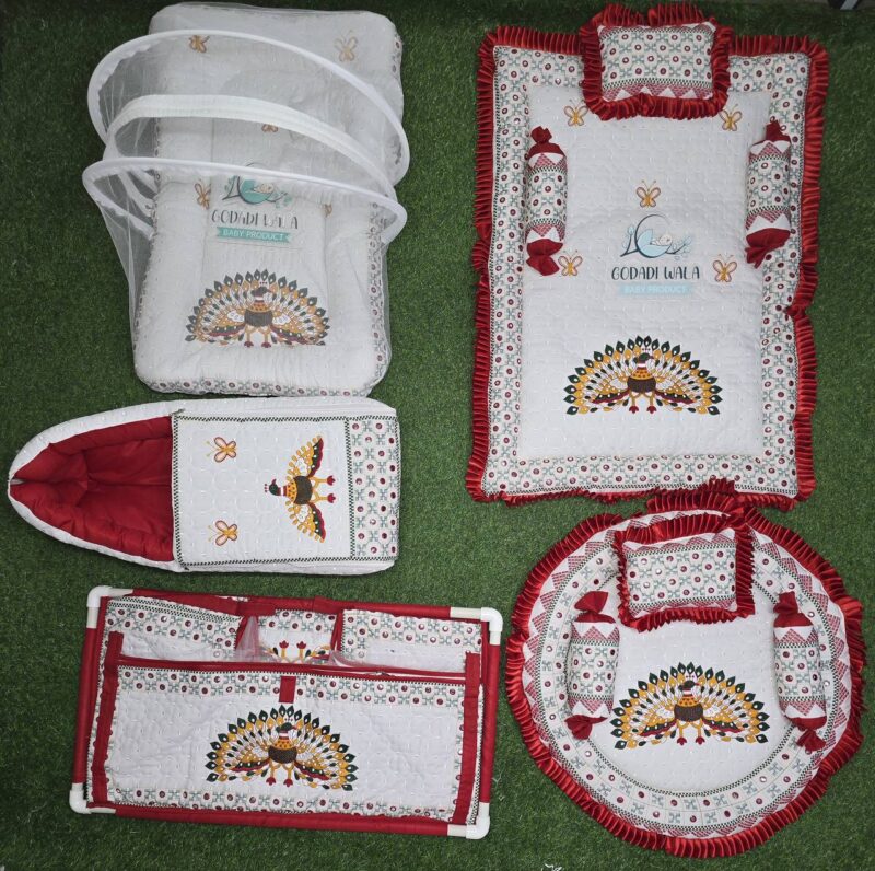 Godadi Wala Baby Bedding Set Embroidery Work Morpankh With Tent (0-10)Months (Red)