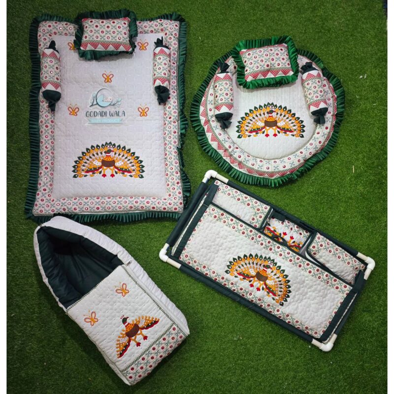 Godadi Wala Baby Bedding Set Embroidery Work Morpankh (0-10)Months (Green)