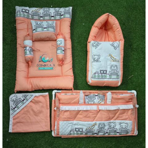 Godadi Wala Baby Bedding Set Embroidery with Digital train set  (0-10)Months (Orange)