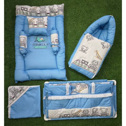 Godadi Wala Baby Bedding Set Embroidery with Digital train set  (0-10)Months (Blue)