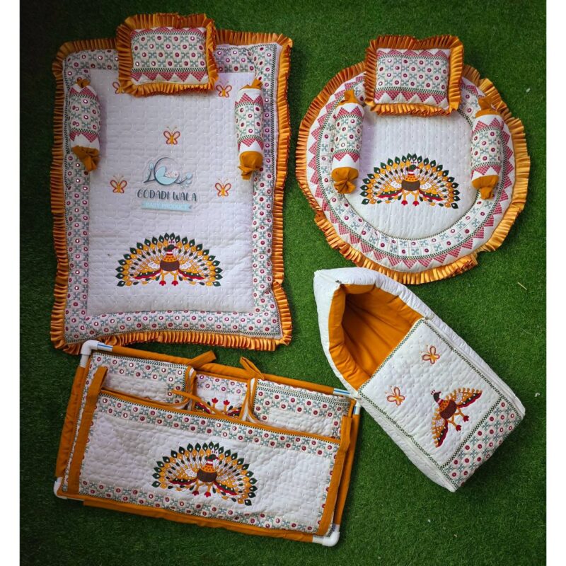 Godadi Wala Baby Bedding Set Embroidery Work Morpankh (0-10)Months (Yellow)