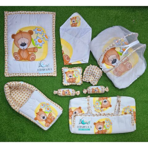 Godadi Wala Baby Bedding Set 9 Pcs Digital Print Combo (0-10)Months (Teddy Bear With Flower)
