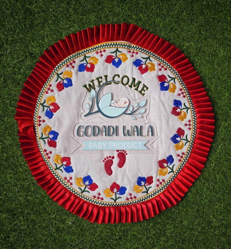 GODADI WALA Present a New Born Baby Cotton Embroidered Work Paglai Rumal ( Baby Welcome) (Embroidery) (red)