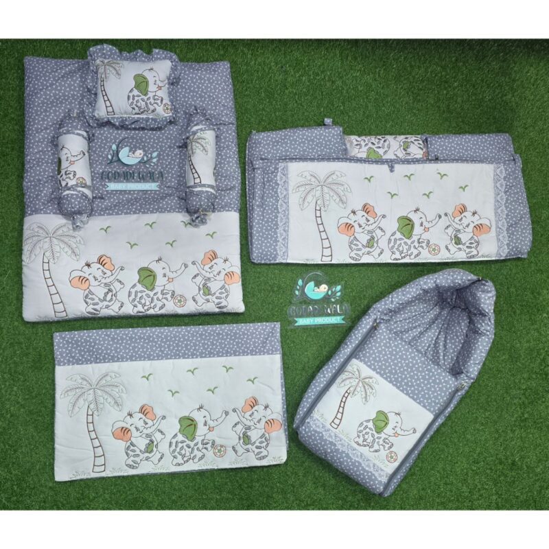 Godadi Wala Baby Bedding Set Embroidery with Digital Elephant & Tree set  (0-10)Months (Grey)