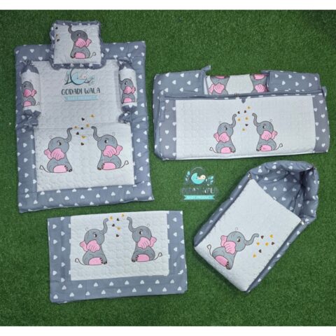 Godadi Wala Baby Bedding Set Embroidery with Digital (2-Elephants) set  (0-10)Months (Grey)