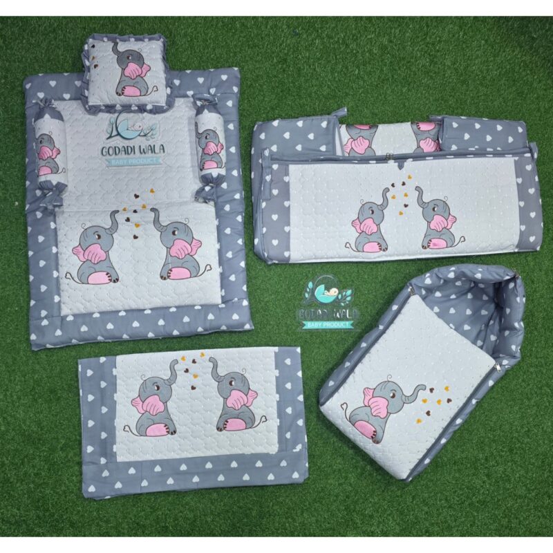 Godadi Wala Baby Bedding Set Embroidery with Digital (2-Elephants) set  (0-10)Months (Grey)
