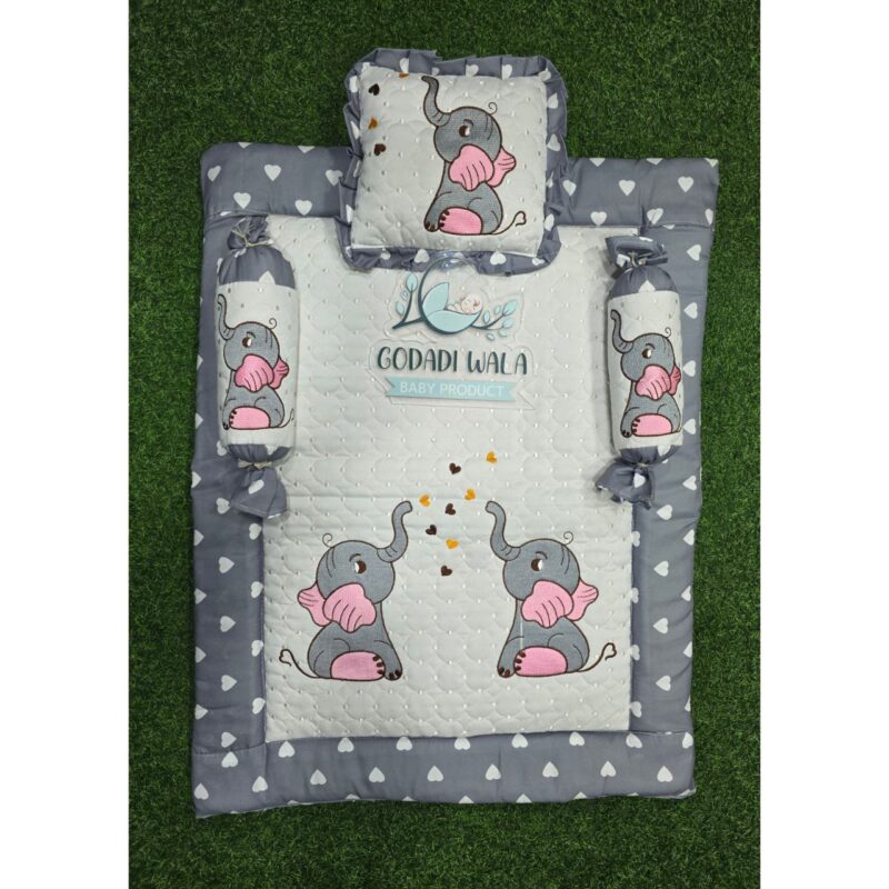 Godadi Wala Baby Bedding Set Embroidery with Digital (2-Elephants) set  (0-10)Months (Grey) - Image 3