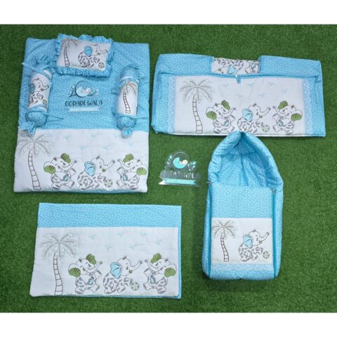 Godadi Wala Baby Bedding Set Embroidery with Digital Elephant & Tree set  (0-10)Months (Blue)