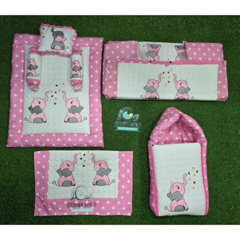 Godadi Wala Baby Bedding Set Embroidery with Digital (2-Elephant) set  (0-10)Months (Pink)