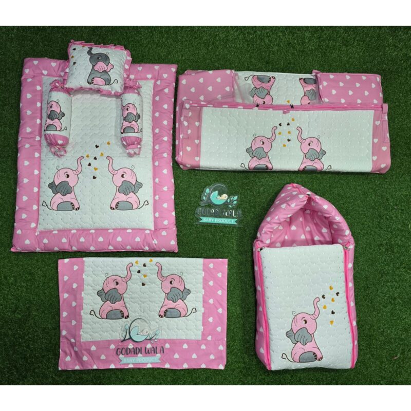 Godadi Wala Baby Bedding Set Embroidery with Digital (2-Elephant) set  (0-10)Months (Pink)