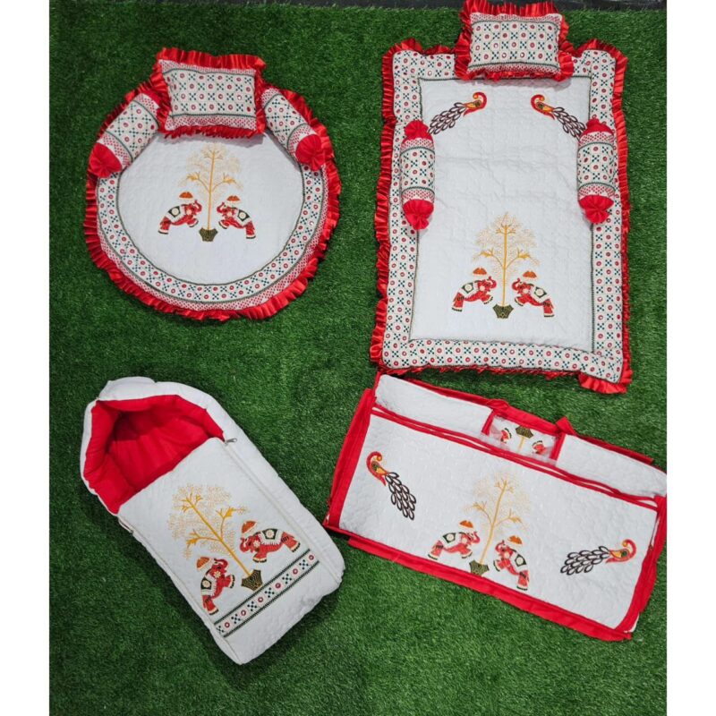Godadi Wala Baby Bedding Set Embroidery Hathi-Mor Set (0-10)Months (Red)