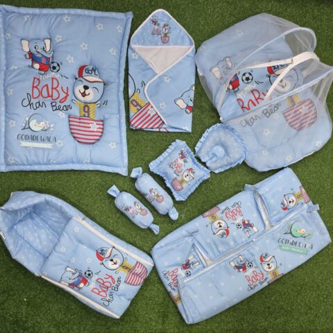 Godadi Wala Baby Bedding Set 9 Pcs Digital Print Combo (0-10)Months (Baby Chan Bear)
