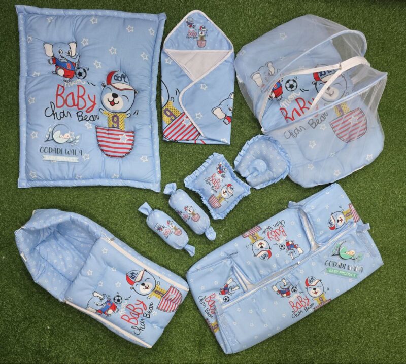 Godadi Wala Baby Bedding Set 9 Pcs Digital Print Combo (0-10)Months (Baby Chan Bear)